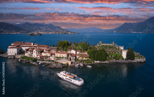 Lake Maggiore, island, Isola Bella, Italy. Panorama at sunset on Lake Maggiore top view. Ship with tourists, aerial view of the island, Isola Bella