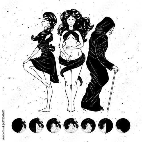 Three women figures, symbol of Triple goddess as Maiden, Mother and Crone, moon phases. Hekate, mythology, wicca, witchcraft. Vector illustration