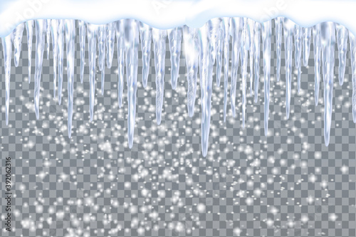 Set of snowy icicles and caps on winter background. Winter seasonal decorations. Falling white fluffy snow.Vector template in realistic style. 