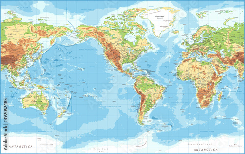 World Map - American View - Physical Topographic - Vector Detailed Illustration - America in Center