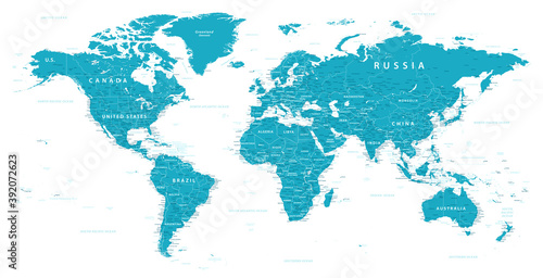 World Map Political - illustration. Highly detailed map of the world: countries, cities, water objects