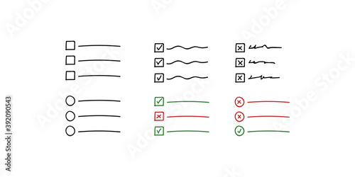 Set of hand drawn check mark and cross in square and circle. Vector illustration.