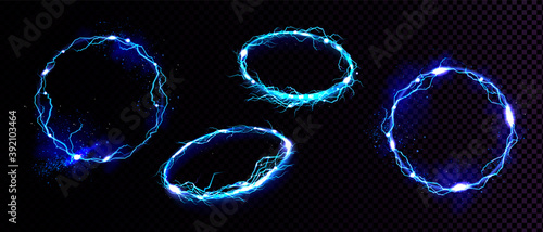 Electric lightning frames, circle digital glowing borders in front and angle view. Vector realistic set of blue round sparking discharge isolated on transparent background