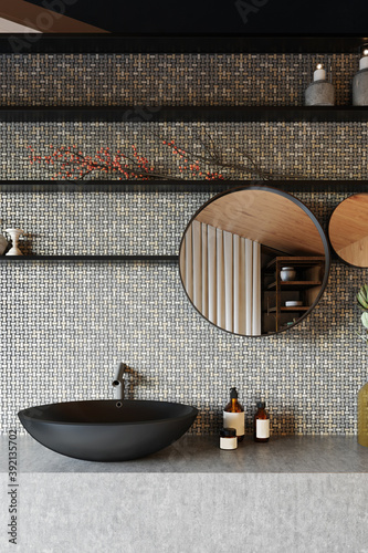 Modern bathroom interior with gray ceramic tiles and black washbasin. 3d render