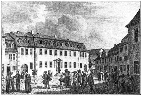 The Goethe House (Goethes Wohnhaus) in Weimar, Germany. Illustration of the 19th century. White background.
