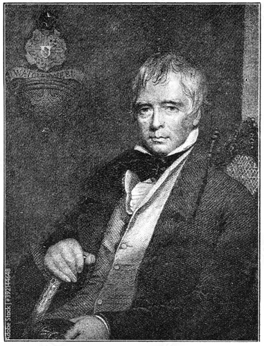 Portrait of Walter Scott - a Scottish historical novelist, poet, playwright, and historian. Illustration of the 19th century. White background.