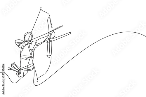 One single line drawing of young archer man focus exercising archery to hit the target vector graphic illustration. Healthy refresh shooting with bow sport concept. Modern continuous line draw design