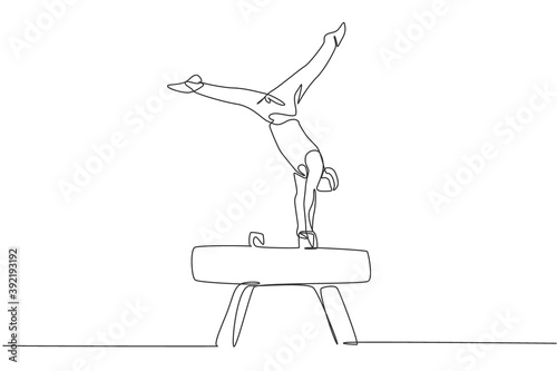One single line drawing of young handsome gymnast man exercising pommel horse vector illustration graphic. Healthy lifestyle and athletic sport concept. Modern continuous line draw design