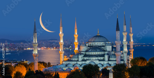 The Blue Mosque with crescent moon (new moon) (Sultanahmet), Istanbul, Turkey.