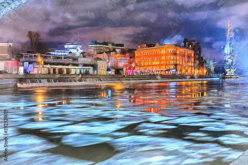 Moskva river embankment at night colorful painting