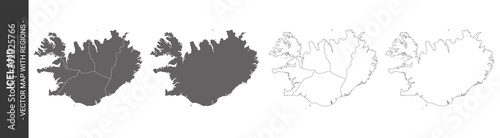 set of 4 political maps of Iceland with regions isolated on white background