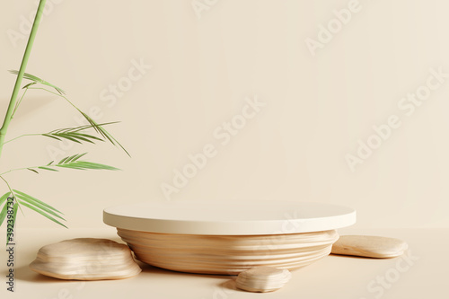  Brown marble product display podium with nature leaves. 3D render