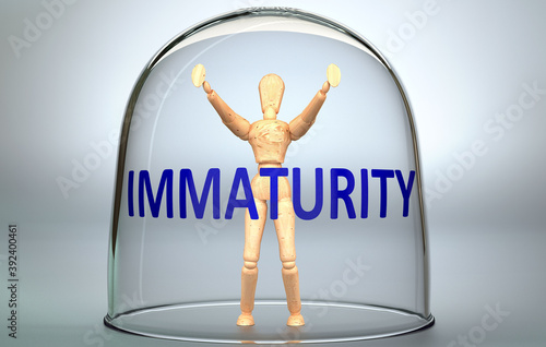 Immaturity can separate a person from the world and lock in an isolation that limits - pictured as a human figure locked inside a glass with a phrase Immaturity, 3d illustration