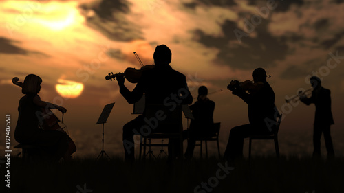 Group of musicians in orchestra playing outdoor under sunset and sea 3d rendering