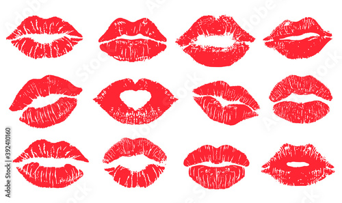 Female lips lipstick kiss print set for valentine day and love illustration. Collection of Lips marks with grunge effect. Vector illustration.