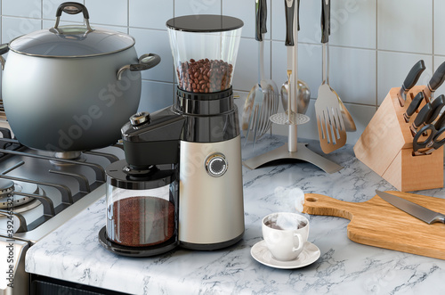 Electric coffee grinder on the kitchen table. 3D rendering