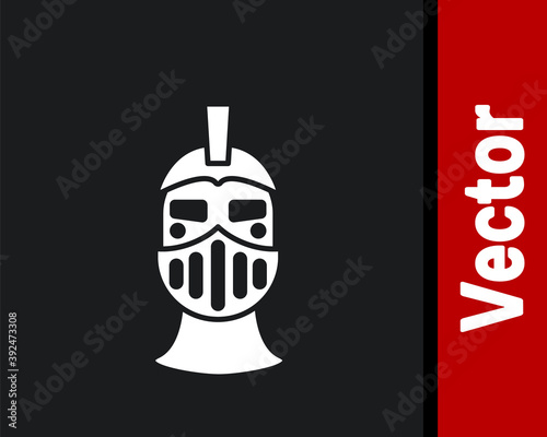 White Medieval iron helmet for head protection icon isolated on black background. Vector.