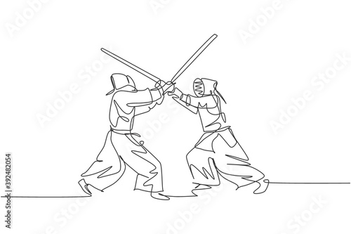 One continuous line drawing of two young sporty men training kendo attack and defense skill in dojo center. Healthy martial art sport concept. Dynamic single line draw design vector illustration