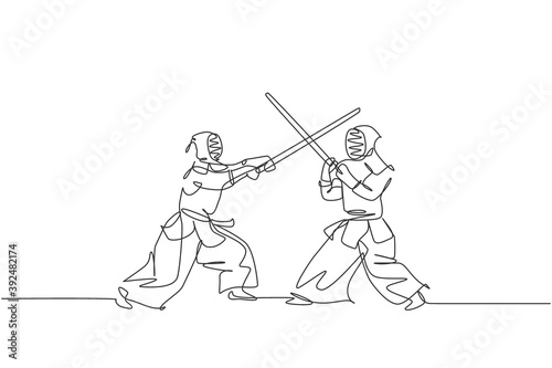 Single continuous line drawing of young sportive men practicing kendo martial art skill on gym sport center. Sparring partner. Fighting sport concept. Trendy one line draw design vector illustration