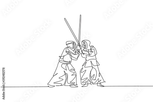 One single line drawing of two young energetic man exercise sparring fight kendo with wooden sword at gym center vector illustration. Combative fight sport concept. Modern continuous line draw design