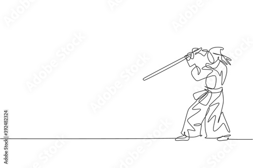 One single line drawing young energetic man exercise defense kendo move with wooden sword at gym center graphic vector illustration. Combative fight sport concept. Modern continuous line draw design