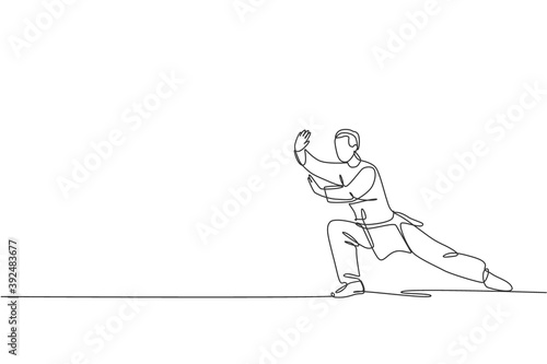 Single continuous line drawing of young man wushu fighter, kung fu master in uniform training tai chi stance at dojo center. Fighting contest concept. Trendy one line draw design vector illustration