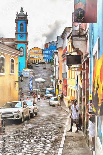 Street in old town colorful painting, Salvador, Bahia state
