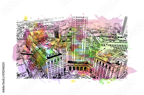 Building view with landmark of Cleveland, officially the City of Cleveland, is a major city in the U.S. watercolour splash with hand drawn sketch illustration in vector.
