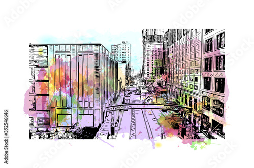 Building view with landmark of Cleveland, officially the City of Cleveland, is a major city in the U.S. watercolour splash with hand drawn sketch illustration in vector.
