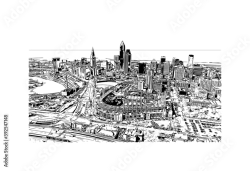 Building view with landmark of Cleveland, officially the City of Cleveland, is a major city in the U.S. Hand drawn sketch illustration in vector.