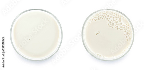 Glass of milk isolated on white background. From top view.