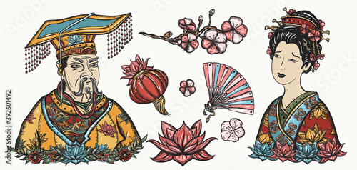 Ancient China. History and culture. Asian art. Traditional tattooing style. Old school tattoo vector collection. Chinese emperor, queen in traditional costume, fan, red lantern, lotus flower