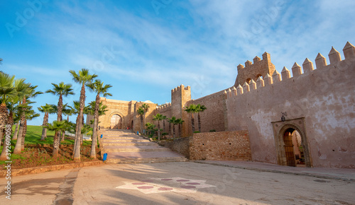 The Kasbah of the Udayas (Oudayas) ancient fortress in Rabat in Morocco is located at the mouth of the Bou Regreg river. the capital of Morocco. the Almohad gate Bab Oudaia front of fortified wall 