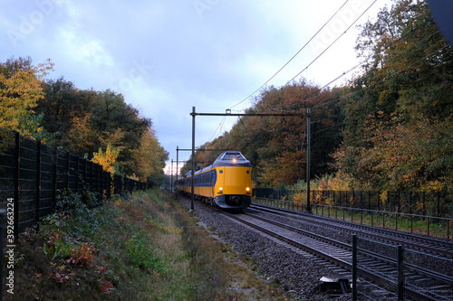 Amersfoort, the Netherlands, Nov 1,2020:Dutch yellow intercity passes in autumn scene with orange leaves on the trees. Every year train delay due smoothness due to fallen tree leaves on train tracks