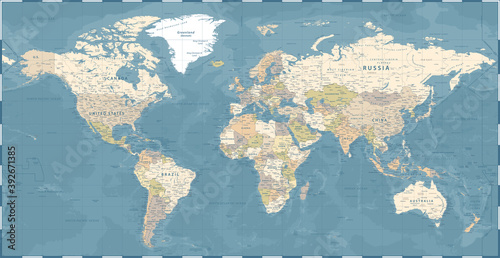 World Map Vintage Dark Political - Vector Detailed Illustration - Layers