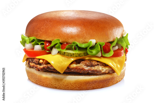 Cheeseburger isolated on white background. Sesame free bun.