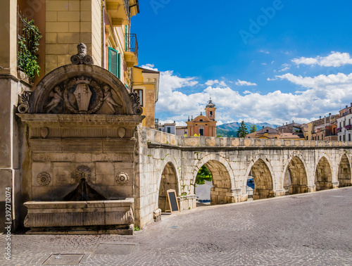 Panoramic view of Sulmona historical center and its roman aqueduct, Abruzzo region, central Italy