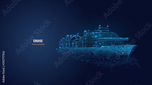 Digital low poly 3d cruise ship in dark blue. Travelling by sea, ocean voyage, business, cruise or holiday concept. Abstract vector wireframe of passenger liner with lines, dots, stars and particles