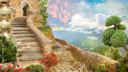 An ancient castle, with access to a terrace decorated with flowers and shrubs, a beautiful view from the mountain. Digital wallp