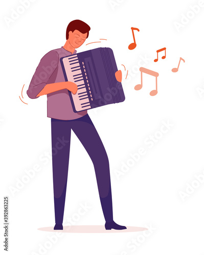 Excited accordionist boy isolated on white background