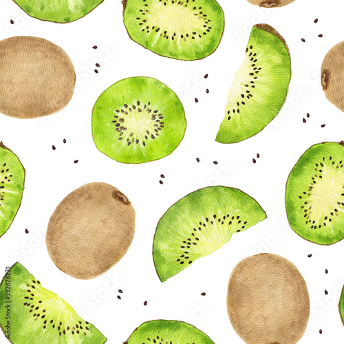 Watercolor seamless pattern with kiwi fruit isolated on white background.