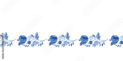 Retro blue antique porcelain floral tulip border. Vintage kitchen. Hand drawn botany floral garland. Line art design on white background. Elegant nature background. Perefect for kitchen utensils