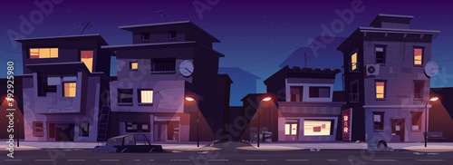 Ghetto street at night, slum ruined abandoned old buildings with glowing windows. Dilapidated dwellings stand on roadside with street lamps, car body and scatter litter cartoon vector illustration