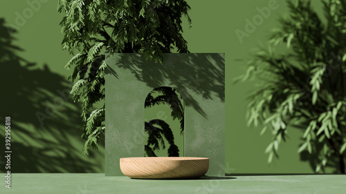3D wooden podium display with leaf shadow. Copy space green background. Cosmetics or beauty product promotion mockup. Natural wood step pedestal. Trendy minimalist, art deco 3D render illustration.