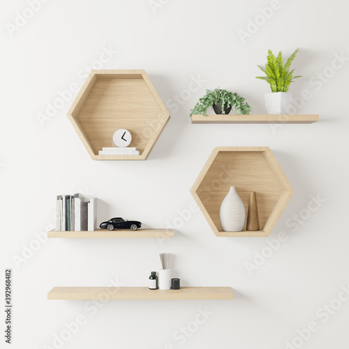 wooden Hexagon shelf little tree, books and toys copy space, mock up, hexegon