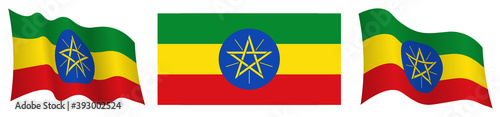flag of ethiopia in static position and in motion, fluttering in wind in exact colors and sizes, on white background