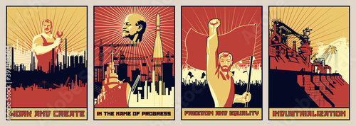 Old Soviet Propaganda Posters Style, Labor, Revolution, Progress