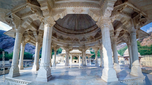 Memorial grounds to Maharaja Sawai Mansingh II and family constructed of marble. Gatore Ki Chhatriyan, Jaipur, Rajasthan, India.