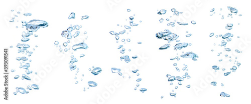 collection water bubble blue oxygen air, in underwater clear liquid with bubbles flowing up on the water surface, isolated on a white background