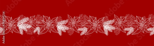 Seamless pattern with hand drawn poinsettia flower and floral branch, berry, snowflake, mistletoe, christmas tree.